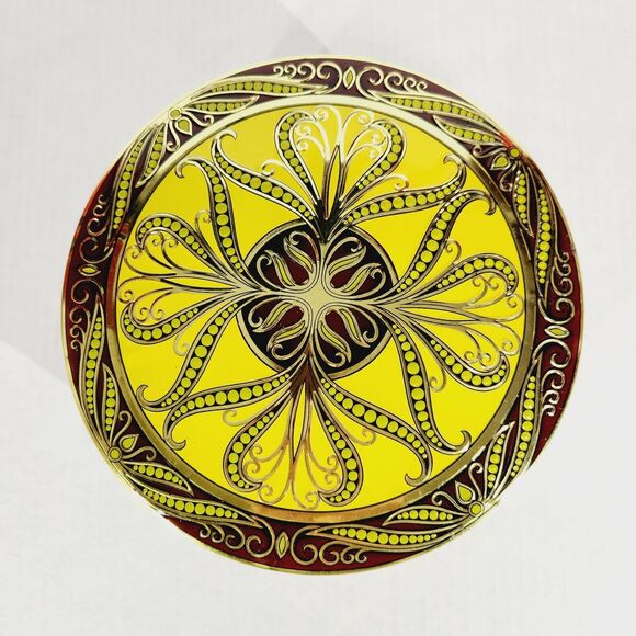 Decorative Nut Tin Filigree Bright Yellow Round Box Storage Container Embossed - Picture 1 of 12